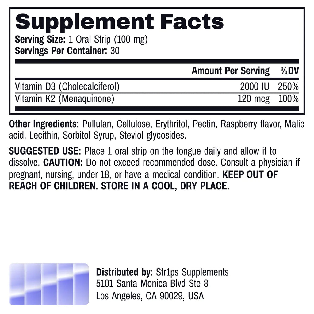 Supplement facts label for an oral strip supplement, showing serving size, vitamins D3 and K2 amounts per serving, other ingredients, usage instructions, and distributor StrIps Supplements contact information.