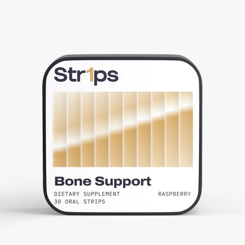 A square package of Strips Bone Support dietary supplement, Raspberry flavor, featuring a white label with a beige gradient stripe graphic and black text, set against a light gray background.