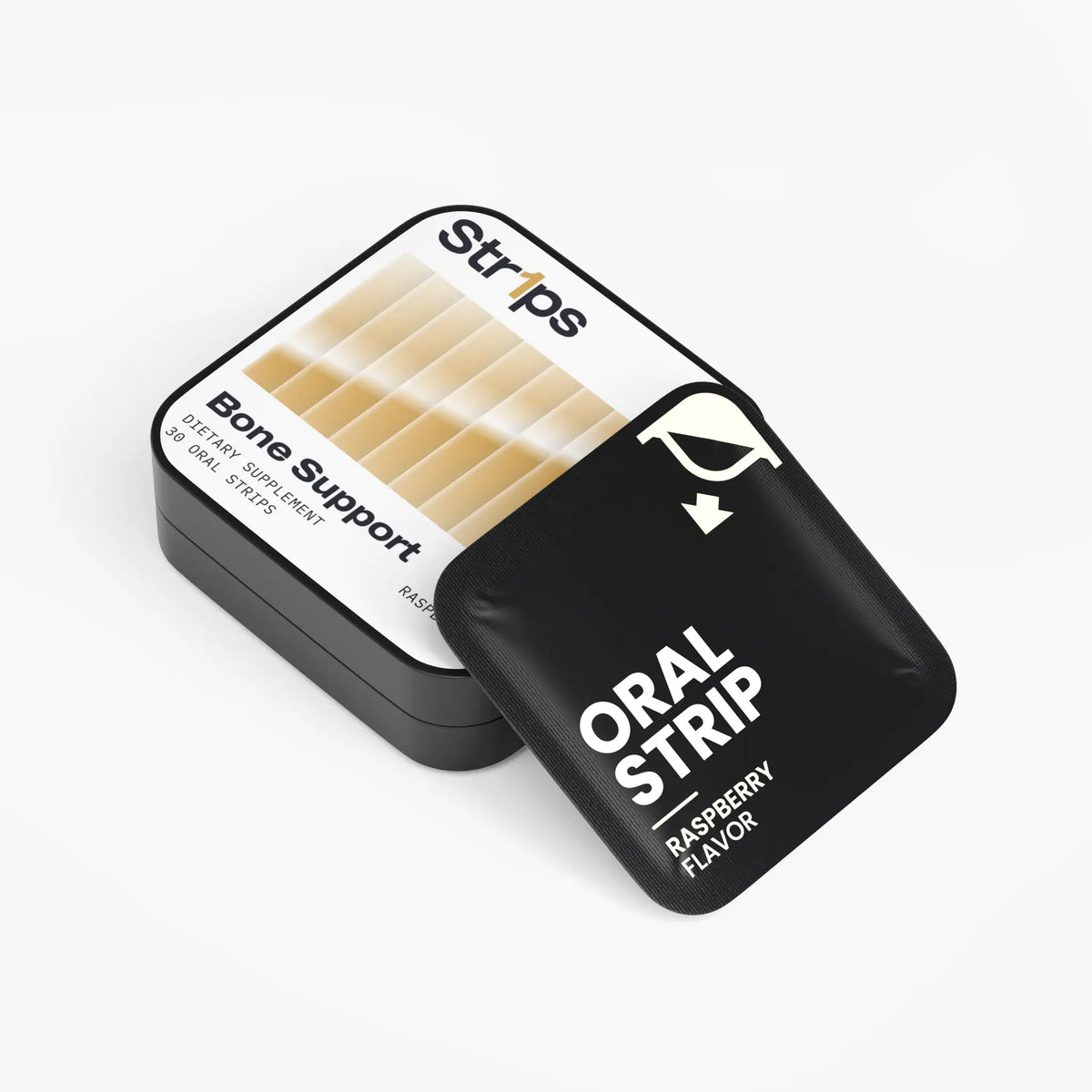 A black tin of oral supplement strips with one strip package leaning on top. The front package is black with white text reading 'ORAL STRIP' and 'RASPBERRY FLAVOR.