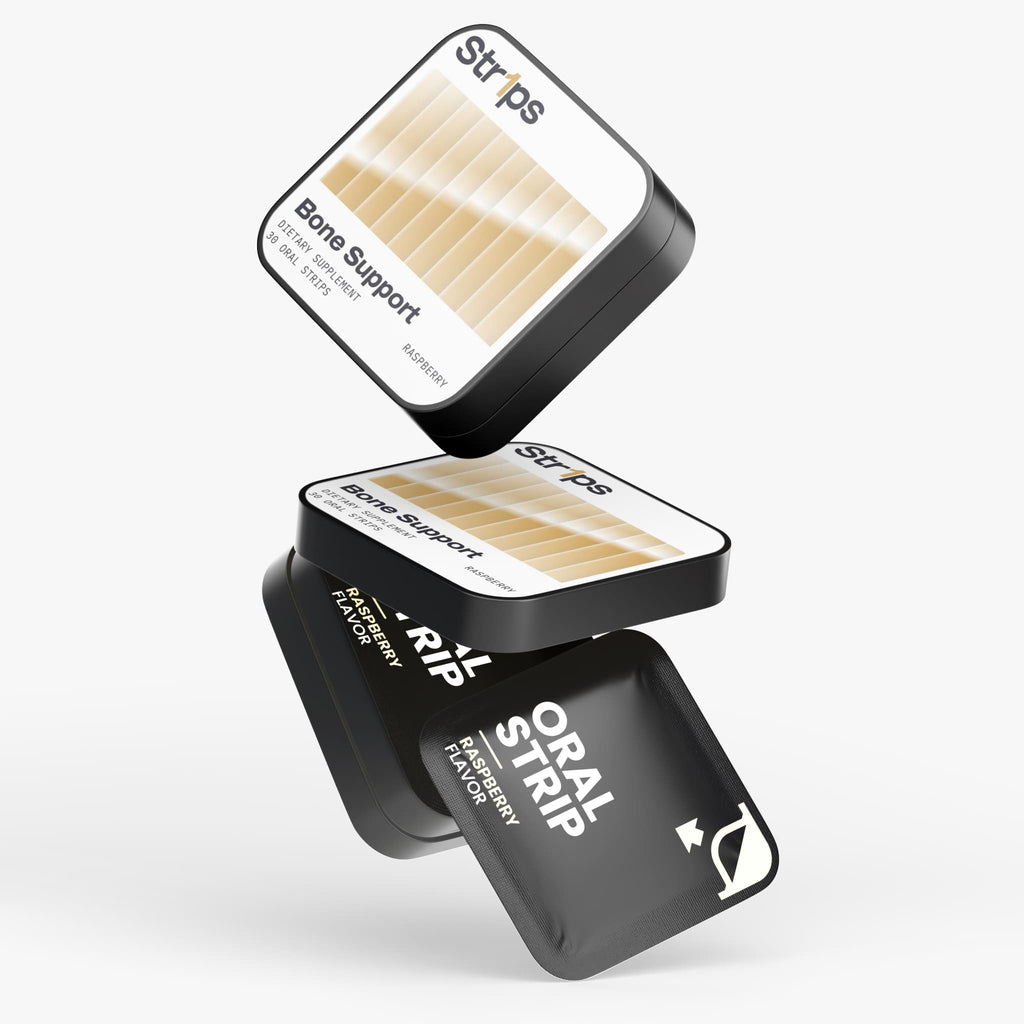 Two black containers labeled 'Glow' and 'Oral Strip' on a white background