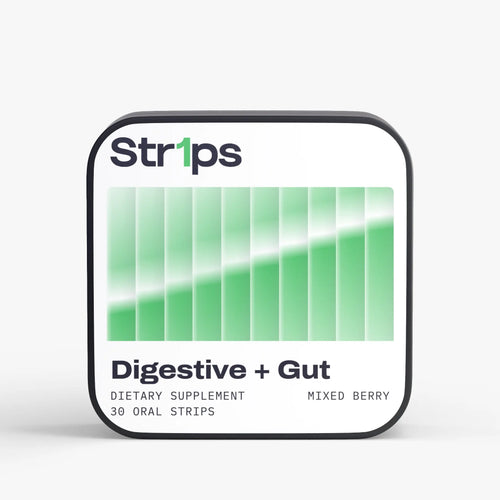 A square supplement package for Strips, labeled 'Digestive + Gut' with a white front, black border, and a green striped graphic on a light gray background.