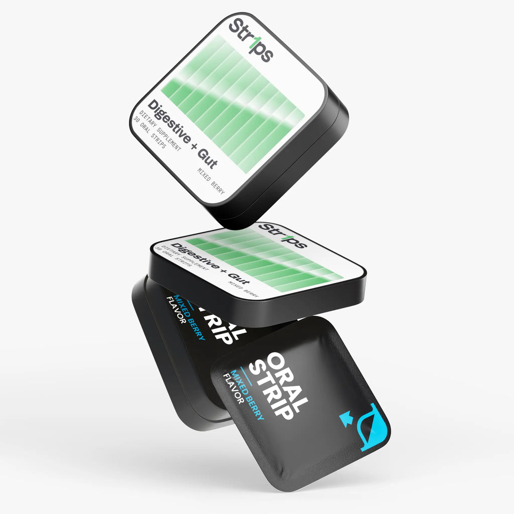 Three black rectangular oral strip packages floating at different angles on a light gray background. The top package shows green striped strips labeled 'Strips' and 'Digestive + Gut'.